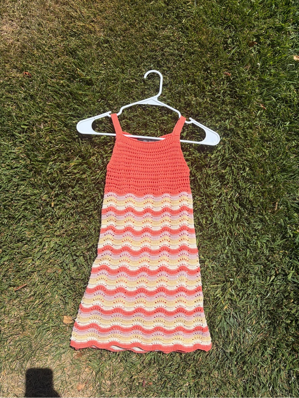 Girls Crochet Tank Dress in Coral and Pastel Stripes